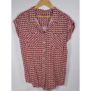 JACHS Girlfriend Womens Top Blouse Button Up Red White Patterned Size L